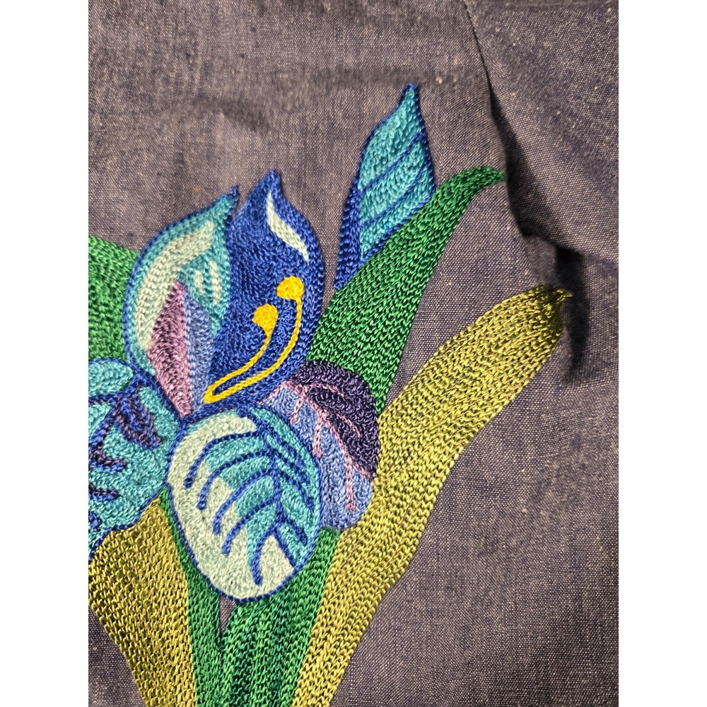 Embroidered Floral Butterfly Chambray Tunic Top Blue Long Sleeve Square Neck - Picture 5 of 9